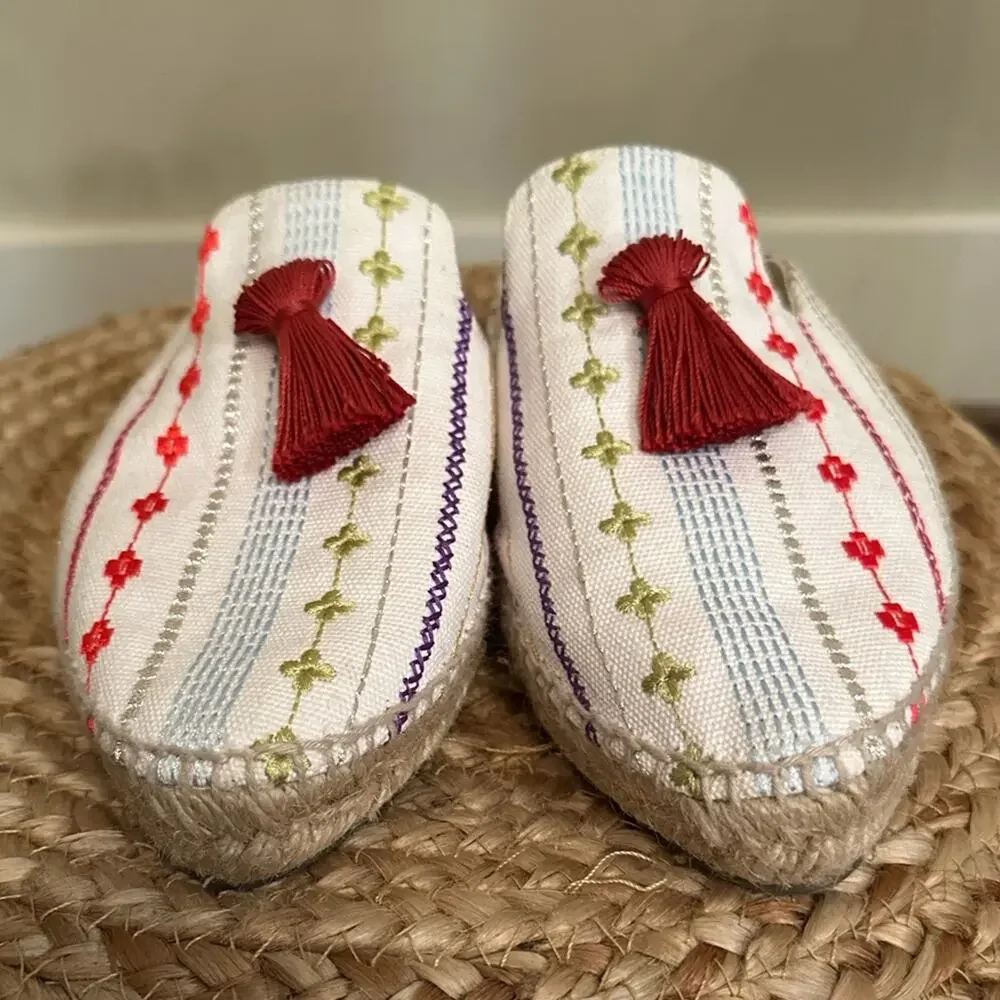 Solana Artisanal Espadrille Mule Slides Tassel Embroidered Made in Spain Size 9